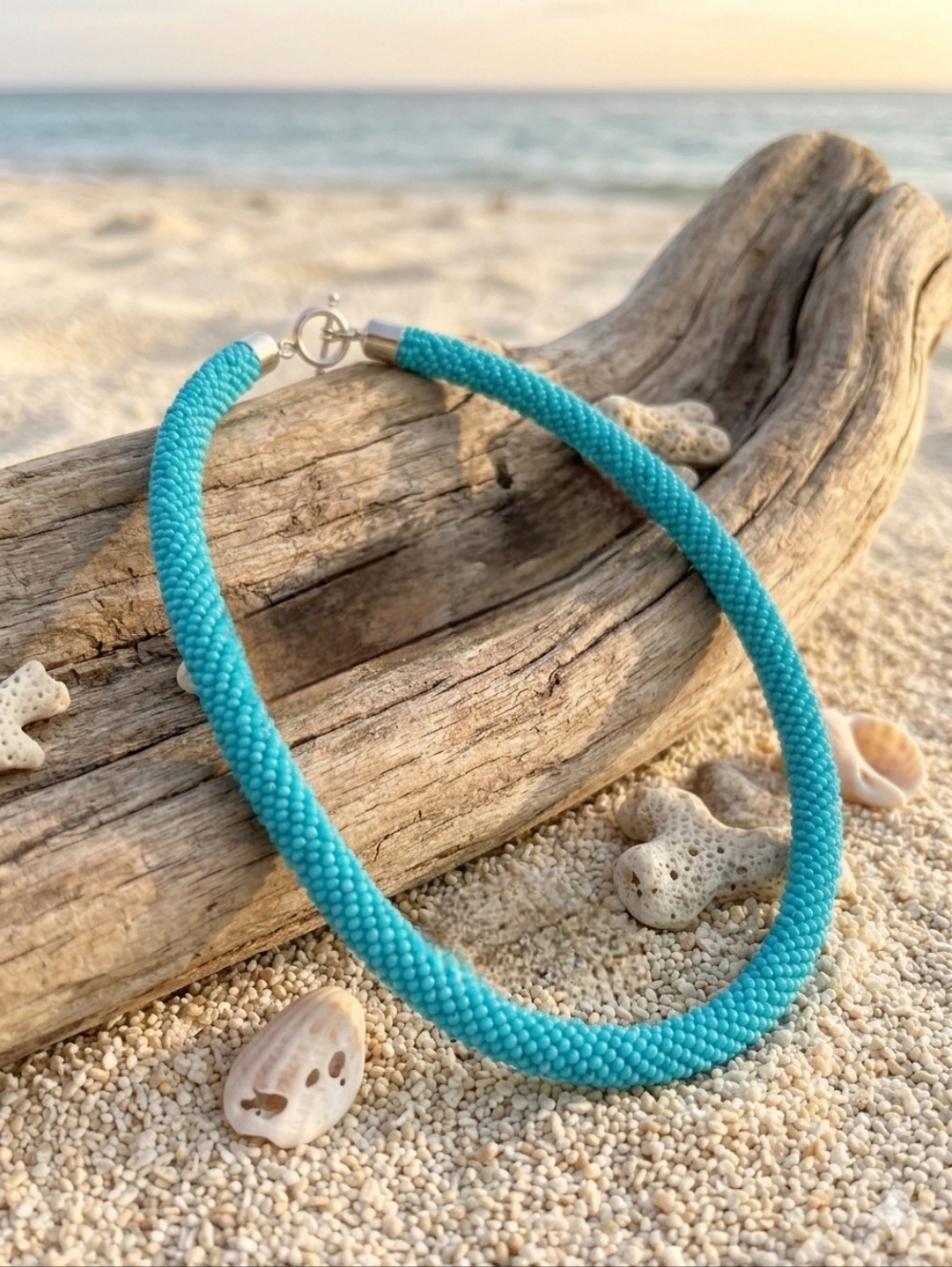 Turquoise Beaded Rope Necklace – Woven Collar, Bold Statement Color (20")